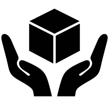 Ellerinde kutu, çerçeve, siyah renk, lojistik ve teslimat etiketleri için düz stil kırılgan paket sembolü, kargo paketleme vektör işaretleri beyaz üzerine izole edilmiş dikkatli simge ile tutuş.