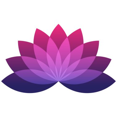 Nilüfer çiçeği sembolü, düz stil eflatun, mor, pembe renk vektör nesnesi. Dokuz yapraklı çiçek etiketi, sağlık, sağlık ve yoga endüstrisi veya meditasyon logosu, izole edilmiş şeffaf arkaplan.