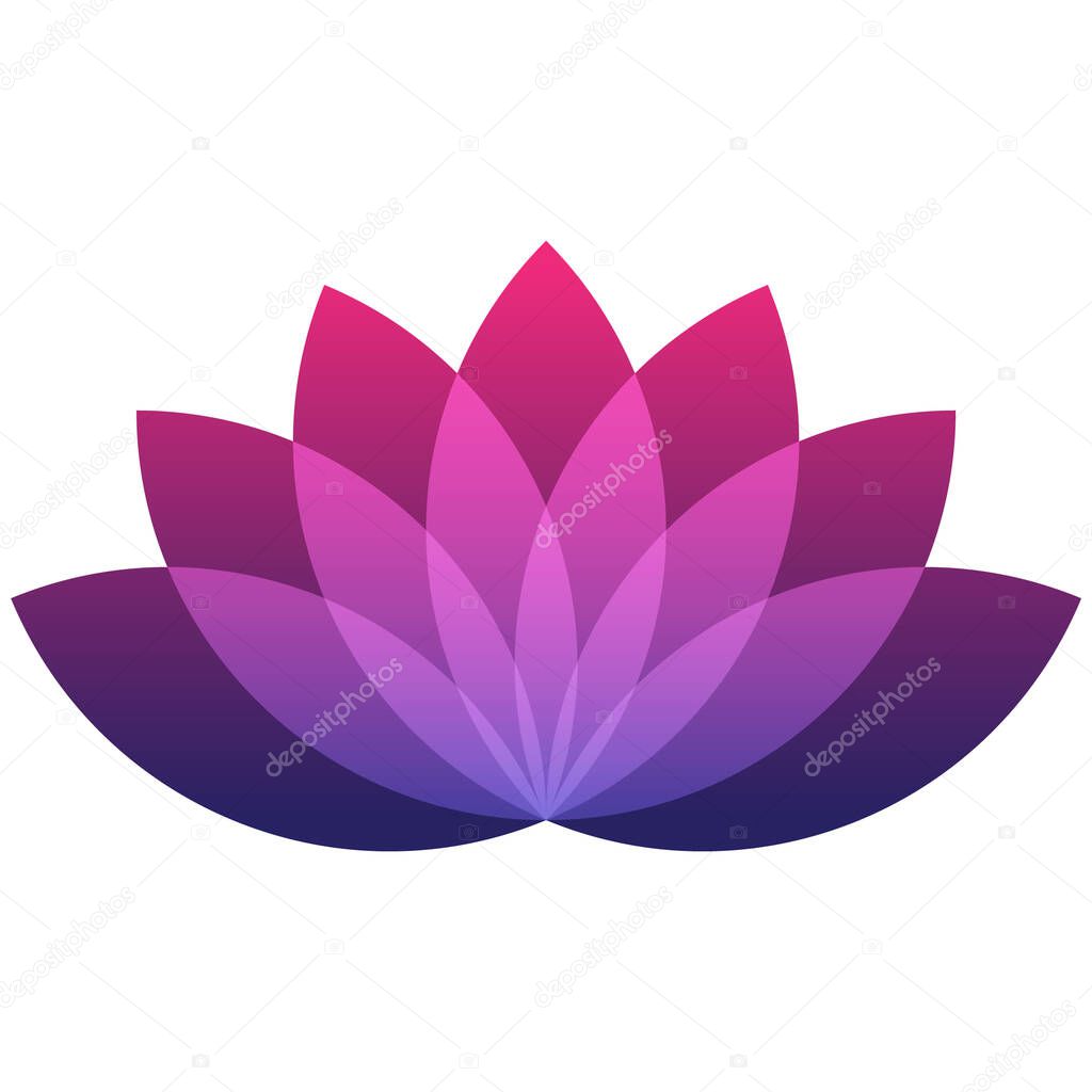Lotus flower symbol, flat style magenta, purple, pink color vector icon object. Floral label with seven petals, wellness, health and yoga industry or meditation logo, isolated background.