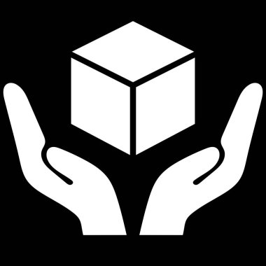 Ellerinde kutu, çerçeve, beyaz renk, lojistik ve teslimat etiketleri için düz stil kırılgan paket sembolü, kargo paketleme uyarı vektör işaretleri koyu renk üzerinde izole edilmiş dikkatli simge ile tutuş.