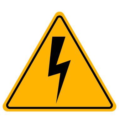 Yüksek voltaj tehlike uyarısı. Siyah kenarlı üçgen sarı tabela ve izole edilmiş arka planda yıldırım sembolü..