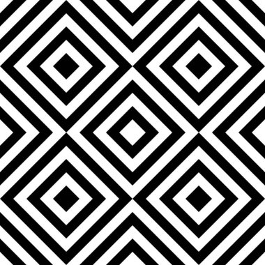 Geometrik siyah beyaz elmas deseni. Kesişen çizgilerin tekrar eden tasarımı yuva yapmış kareler oluşturur.