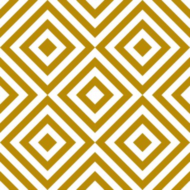 Geometrik altın ve beyaz desenli üst üste binen kareler ve elmaslar karmaşık ve görsel olarak çekici bir tasarım yaratıyor..