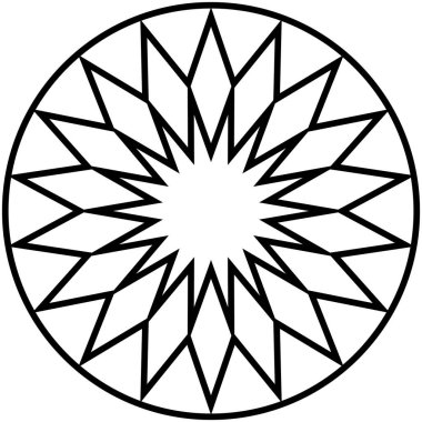 Merkezi bir noktadan yayılan dairesel geometrik tasarım, kalın, dairesel bir çerçeve içinde elmas ve üçgen şekillerden oluşuyor..