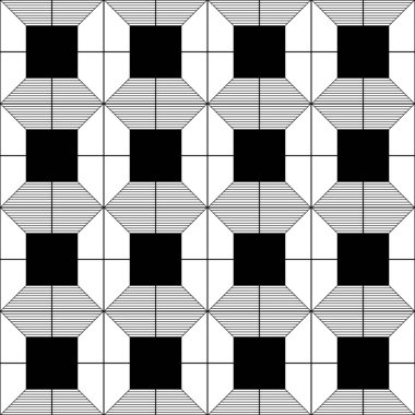 Kareler ve trapezoidlerle tek renkli geometrik mozaik, grafik tasarım projeleri için tekrarlanan kiremit deseni.