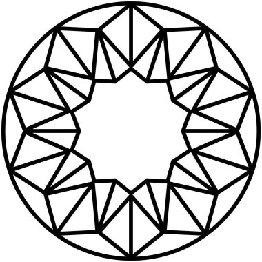 Üçgen yüzeyli dairesel geometrik tasarım yıldızımsı bir merkez boşluk yaratıyor ve temiz bir dış halka tarafından çerçeveleniyor..