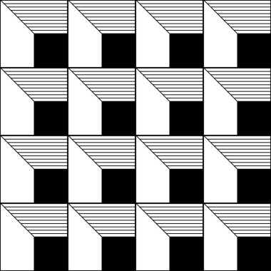 Siyah ve beyaz geometrik şekilleri yatay çizgilerle tekrar eden desen görsel olarak çekici ve minimalist bir tasarım yaratır..