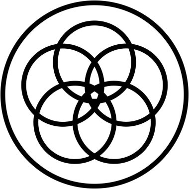 Geometrik tasarım, dairesel siyah sınırlarda birbirine kenetlenen daireler, merkezi bir yıldız benzeri şekil yaratmak, birliğin ve birliğin iletilmesi.