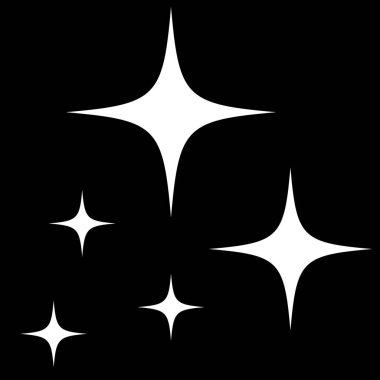 Yıldız şekilleri, beyaz, dört köşeli yıldız ikonlarının dinamik dizilişi, koyu siyah bir arka plana saçılmış olması, ışıltı ve merak uyandırır..