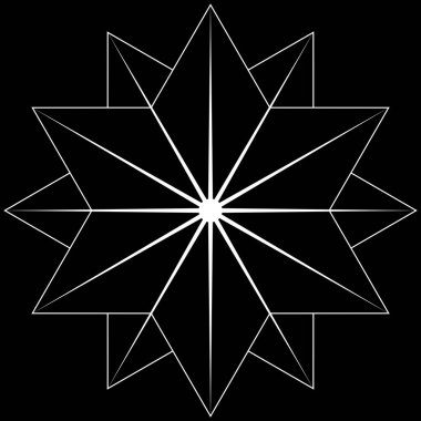 Geometrik yıldız tasarımı ışıyan çizgiler ve keskin noktalar, siyah arkaplana karşı beyaz çizgiler çarpıcı bir desen oluşturuyor.