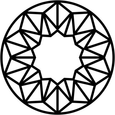 Çokgen segmentlere sahip dairesel geometrik tasarım düz bir arkaplana karşı katıksız kontrastla vurgulanmış, yıldız benzeri bir boşluk yaratıyor.