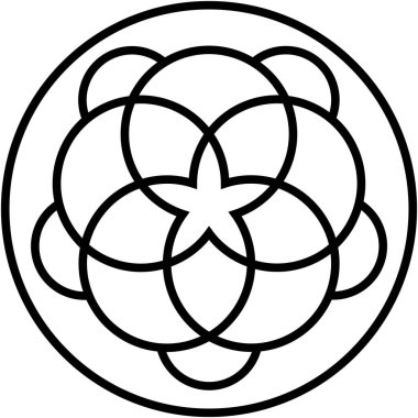 Merkezi yıldız şekli etrafında dizilmiş geometrik daireler simetrik tasarım oluşturur. Grafik kalın ve daireler örtüşüyor..