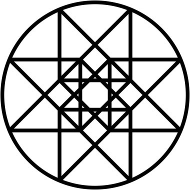 Bir daire içinde geometrik yıldız deseni. Birbirine kenetlenmiş çizgiler büyüleyici ve karmaşık bir tasarım yaratıyor, simetride şekilleri harmanlıyor.