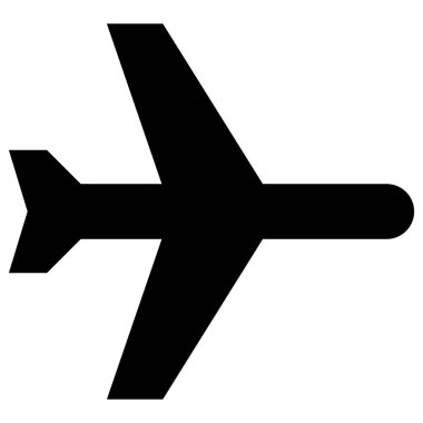 Katı siyah uçak simgesi, yukarıdan bakıldığında basit bir grafikle izole edilmiş arka plan, uçağın kanatlarını ve kuyruğunu gösteriyor.