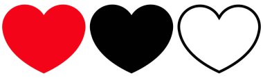 Üç stilize kalp, bir kırmızı, bir siyah, ve bir siyah ana hatlı, sevgi, karşıtlık ve sanatsal temsil.