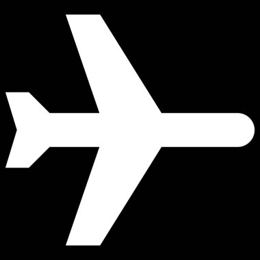 Hava seyrüsefer, parlak, minimalist grafik beyaz uçağı simsiyah arka planda tasvir ediyor. Havacılık simgesi uçuş modunda.