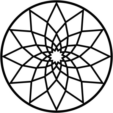 Geometrik desen, karmaşık siyah ve beyaz dairesel dizayn radyal çizgiler içeriden yıldızımsı şekiller oluşturur.. 