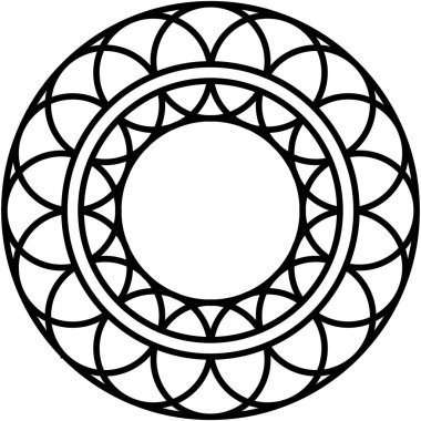 Geometrik şekilleri içeren dairesel siyah ve beyaz desenler, radyal simetri ile dengeli ve görsel olarak çekici tasarım yaratıyor.