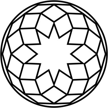 Geometrik küre deseni, yıldız patlaması merkezinin çarpıcı kontrastı katıksız siyah ve beyaz renk paleti içindeki yapılandırılmış elmas ızgarasına karşı.