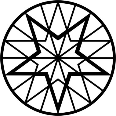 Geometrik yıldız deseni daire içinde. Siyah beyaz basit, minimalist sanat. Merkezden yayılan çizgilerle simetrik tasarım.
