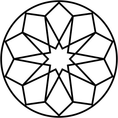 Geometrik çizimler, dış çemberde yıldız şekli ve çokgen yapılar içeriyor. Simetrik ve açısal desen. Zarif ve dengeli tasarım. İzole edilmiş arkaplanda siyah çizgi.