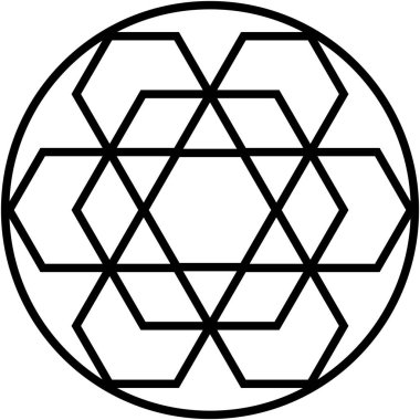 Altıgenlerin ve üçgenlerin simetrik dizilimi mükemmel bir daire içinde. Siyah çizgiler, temiz arkaplan karşısında şekiller oluşturarak, görsel geometrik soyut.