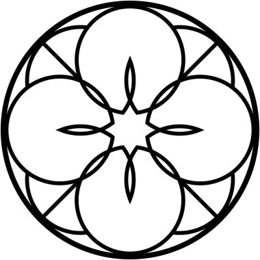 Geniş çember içinde soyut ve simetrik tasarım sergilendi. İç kısımda merkezde yıldız şekilli bir şekil etrafında dört daire ve açısal segmentler oluşturan çizgiler bulunur.. 