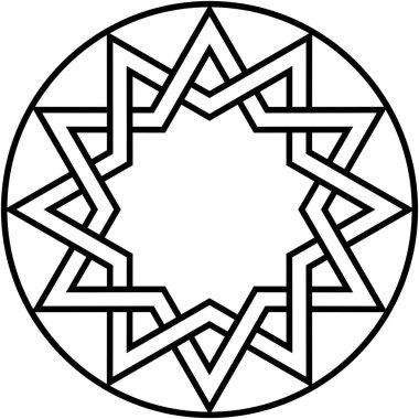 Geometrik desen, dairesel çerçeve içinde dizayn edilmiş sekiz köşeli yıldız, izole edilmiş arkaplana karşı siyah anahat