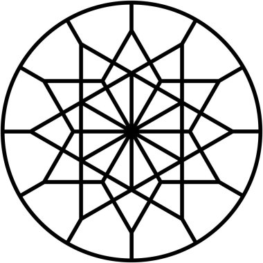 Kesişen siyah çizgilerden oluşan stilize geometrik rosette açısal yıldız şekillerinin karmaşık bir modelini oluşturuyor. Tasarım izole edilmiş arkaplana karşı siyah dairesel sınır içinde ayarlanır.