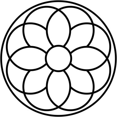 Çembersel geometrik tasarım üst üste binen daireler içeriyor. Çiçek benzeri desenler yaratmak için düzenlenmiş. İzole edilmiş arka planı olan kalın siyah çizgiler, simetri ve deseni vurguluyor.