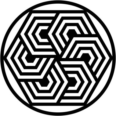 Kompleks siyah ve beyaz geometrik tasarım. Birbirine kenetlenmiş altı köşeli şekiller dairesel bileşim oluşturarak görsel olarak büyüleyici ve modern estetik.