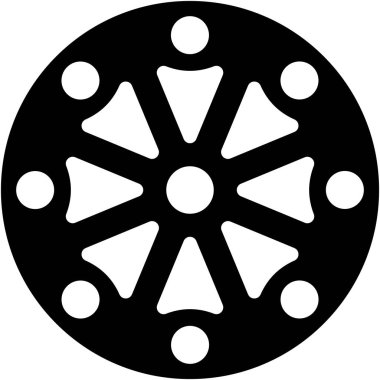 Grafik illüstrasyonunda merkezi çemberli dairesel amblem, üçgen formlar ve çevresel çemberler bulunur. Simetrik tasarım, siyah koyu ve izole edilmiş arkaplan ile görsel olarak çarpıcı.