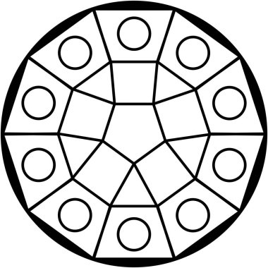 Karmaşık, yuvarlak, geometrik desen merkezi beşgen, şekiller ve çizilmiş çemberlerle çevrili. Siyah renk tasarımı izole edilmiş arka plana sahip modern ve yapılandırılmış biçimi çağrıştırıyor.