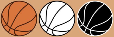 Basketbol ikonu seti, turuncu, siyah ve beyaz renkli üç stilize top. Temiz estetik spor ekipmanları ve oyuncu tasarım.