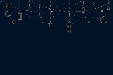 Ramazan Kareem zarif gece arkaplanı, hilal ayları, yıldızlar, elmaslar ve koyu arkaplandaki ışık dizilerinden sarkan süslü fenerler..