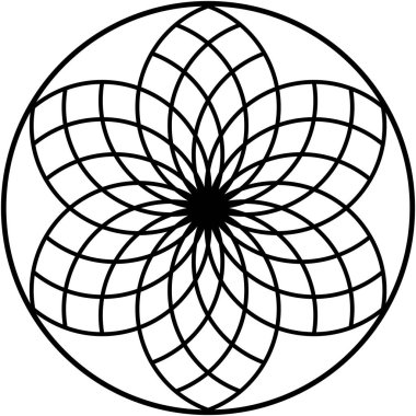 Geometrik siyah çizgili şekiller, çiçeğe benzer, dairesel sınır içinde yer alan kıvrımlı çizgilerden oluşan taç yaprakları..