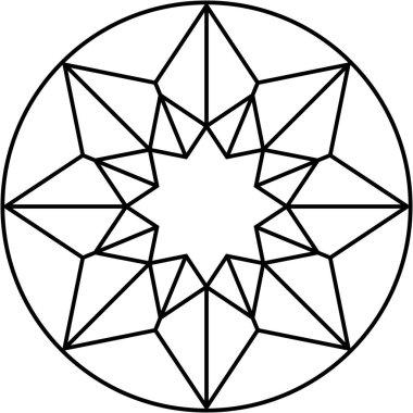 Bir çemberin içindeki geometrik yıldız şekli, merkezi yıldızlı karmaşık çokgen siyah çizgi tasarımı.