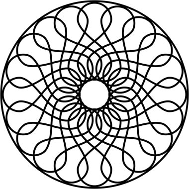 Merkezi boşluk etrafında karmaşık, simetrik desenler yaratan yuvarlak soyut çizgiler.