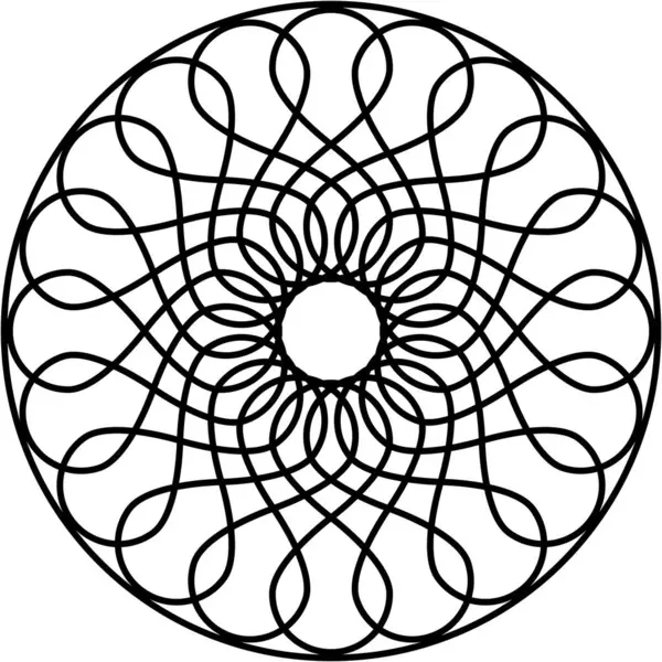 Merkezi boşluk etrafında karmaşık, simetrik desenler yaratan yuvarlak soyut çizgiler.