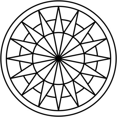 Dairesel, simetrik ve desenli dizayn gibi dekoratif yıldız patlamaları içeren siyah çizgiler yayan bir daire içindeki geometrik yıldız deseni..
