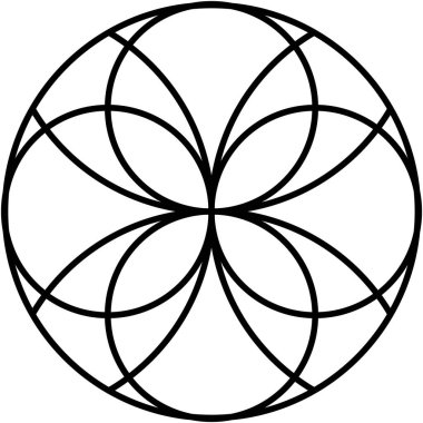 Geometrik soyut tasarım, birbirine bağlı kıvrımlı siyah çizgiler, simetrik desen gibi dairesel çiçekler oluşturur..