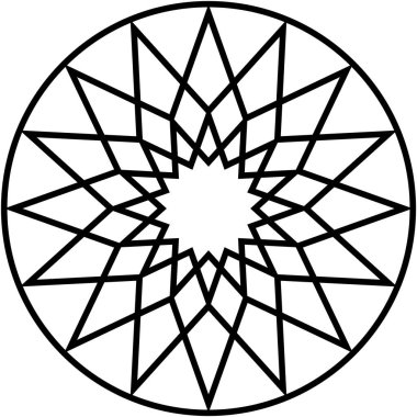 Geometrik yıldız siyah renk deseni dairesel çerçeve içinde, çiçeğe benzer bileşim.