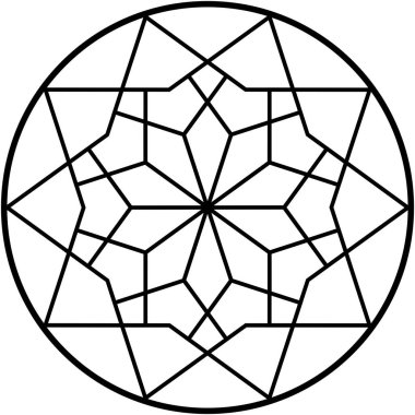 Simetrik şekilleri ve dairesel çerçeve içinde yayılan çizgileri içeren geometrik madalyon deseni.