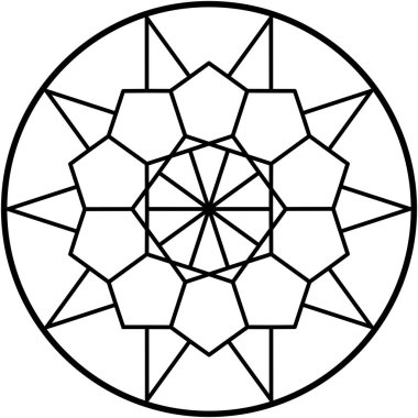 Yuvarlak beşgenli dairesel geometrik desen ve yayılan çizgiler simetrik tasarım yaratıyor..