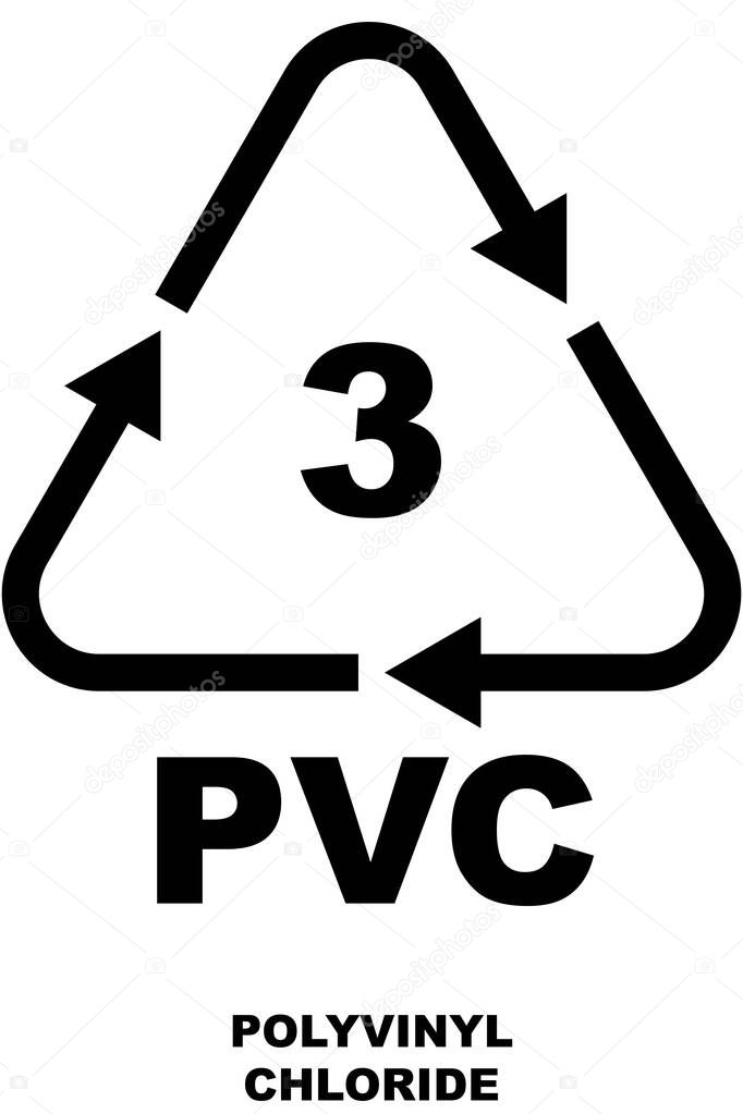 Recycling code icon, PVC text, a recycling symbol for polyvinyl chloride, marked with the number 3.