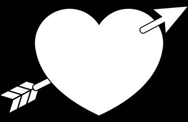 Beyaz kalp ikonu, okla delinmiş, romantizmi simgeliyor, aşkı. İzole edilmiş koyu arkaplanı olan Sevgililer Günü için mükemmel vektör grafiği.