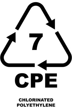 Plastik geri dönüşüm kodu simgesi. siyah renk üçgen geri dönüşüm sembolü kod altında CPE harfleri ile tip 7 okları ile.