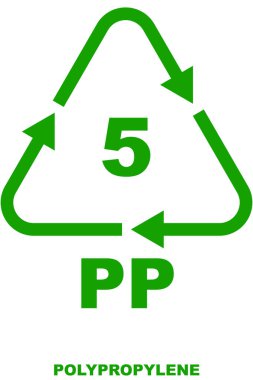 Recycling code icon, green triangular arrows icon with number 5 inside, the abbreviation 'PP' below for polypropylene.