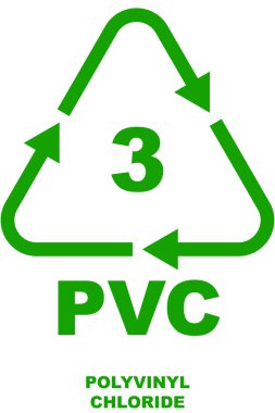 Geri dönüşüm kodu simgesi, plastik tip 3 PVC Polivinil Klorür, yeşil geri dönüşüm üçgeni ve izole edilmiş arkaplanda numarası.
