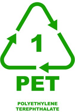 Yeşil bir geri dönüşüm üçgeninde oklarla birlikte 1 numaralı geri dönüşüm kodu simgesi, polietilen tereftalat için 